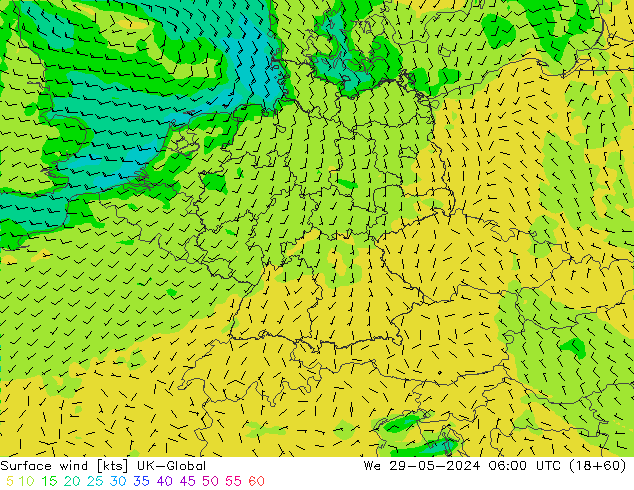 Surface wind UK-Global St 29.05.2024 06 UTC