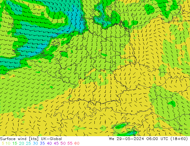 Surface wind UK-Global We 29.05.2024 06 UTC