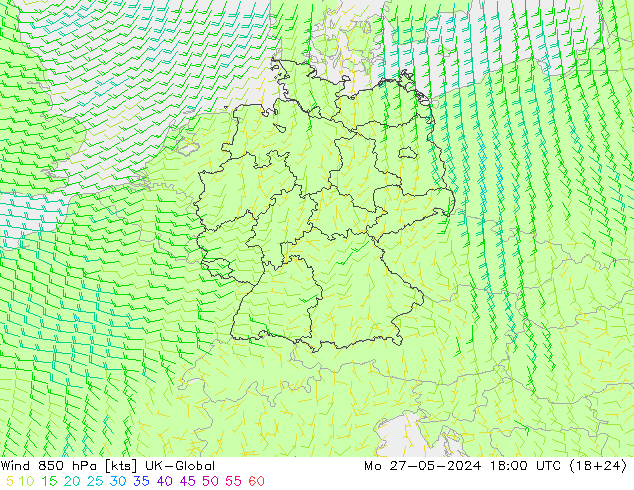 Vent 850 hPa UK-Global lun 27.05.2024 18 UTC