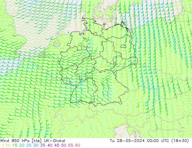 Vento 850 hPa UK-Global mar 28.05.2024 00 UTC