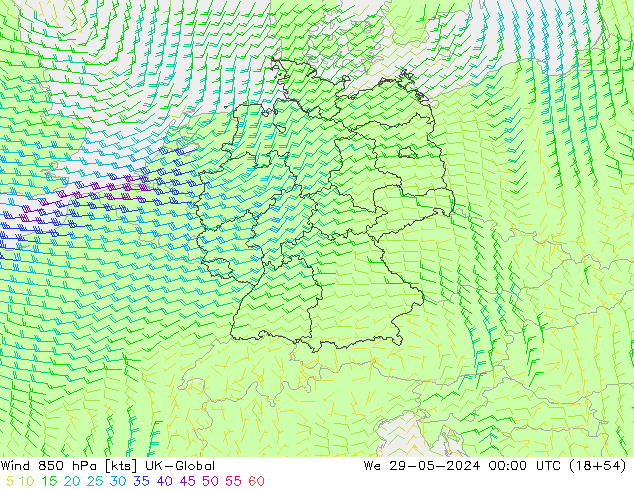 Vento 850 hPa UK-Global mer 29.05.2024 00 UTC