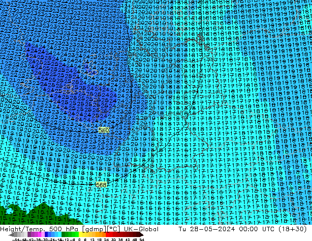 Height/Temp. 500 hPa UK-Global Út 28.05.2024 00 UTC