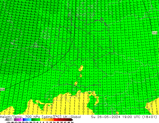 Height/Temp. 700 hPa UK-Global Dom 26.05.2024 19 UTC