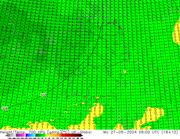 Height/Temp. 700 hPa UK-Global Mo 27.05.2024 06 UTC