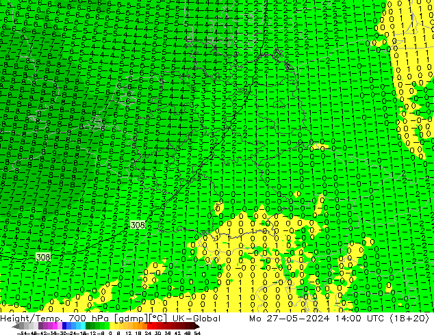 Geop./Temp. 700 hPa UK-Global lun 27.05.2024 14 UTC