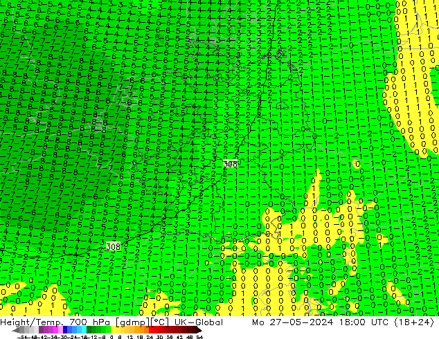 Height/Temp. 700 hPa UK-Global Mo 27.05.2024 18 UTC