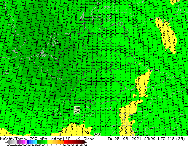 Hoogte/Temp. 700 hPa UK-Global di 28.05.2024 03 UTC