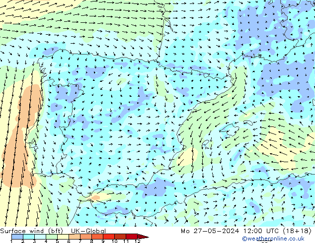 Vento 10 m (bft) UK-Global Seg 27.05.2024 12 UTC