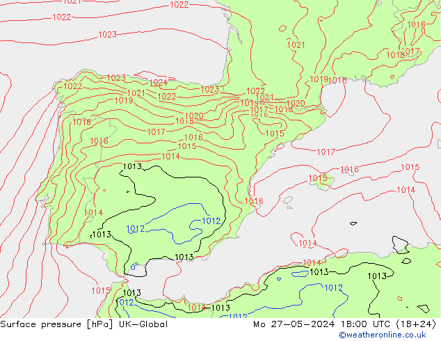 Surface pressure UK-Global Mo 27.05.2024 18 UTC