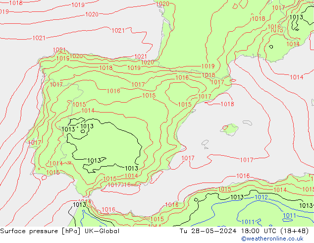 Surface pressure UK-Global Tu 28.05.2024 18 UTC