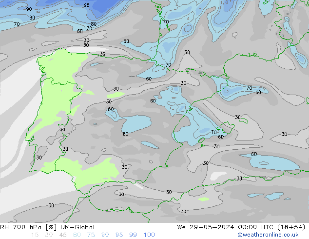 RH 700 hPa UK-Global Qua 29.05.2024 00 UTC