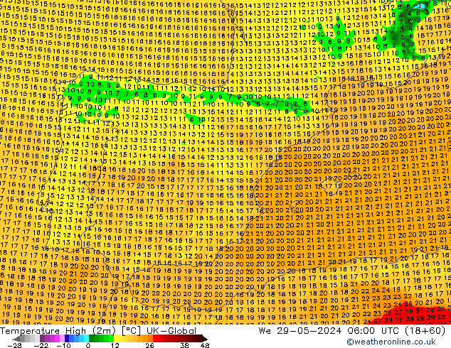 température 2m max UK-Global mer 29.05.2024 06 UTC