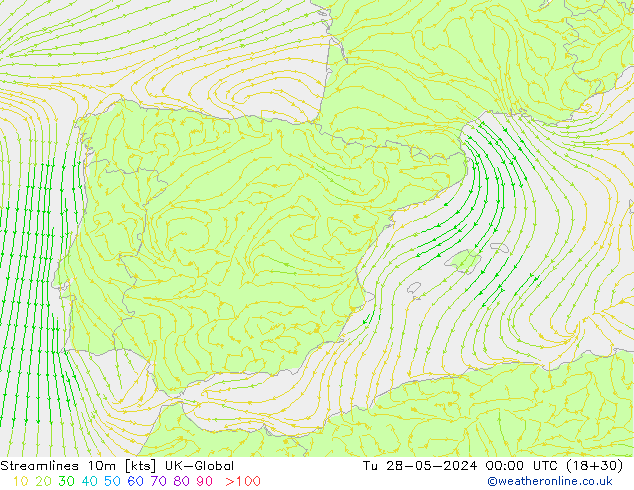 Streamlines 10m UK-Global Út 28.05.2024 00 UTC