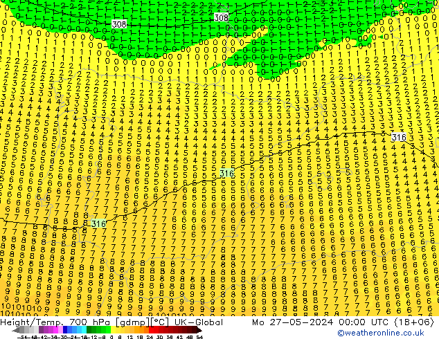 Geop./Temp. 700 hPa UK-Global lun 27.05.2024 00 UTC