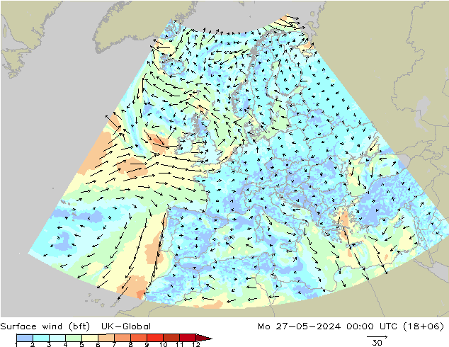 Rüzgar 10 m (bft) UK-Global Pzt 27.05.2024 00 UTC