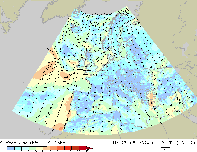 Bodenwind (bft) UK-Global Mo 27.05.2024 06 UTC