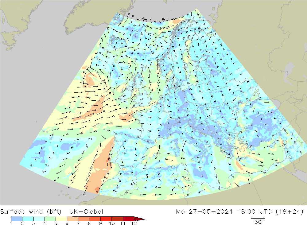 Vent 10 m (bft) UK-Global lun 27.05.2024 18 UTC