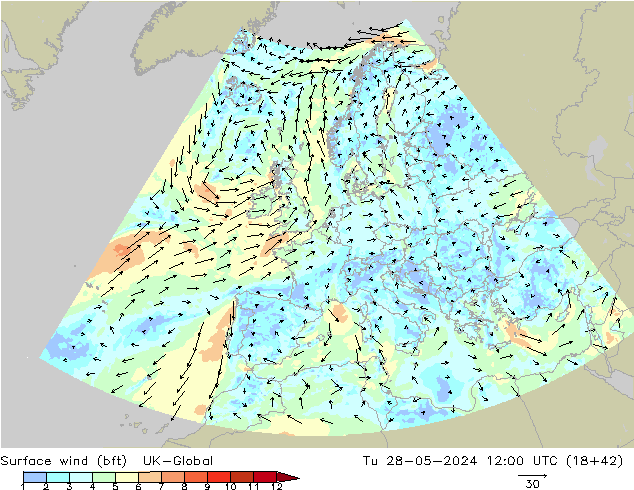 Wind 10 m (bft) UK-Global di 28.05.2024 12 UTC