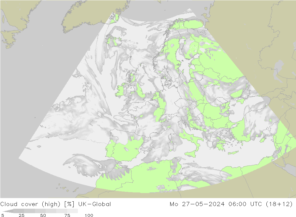 Cloud cover (high) UK-Global Mo 27.05.2024 06 UTC