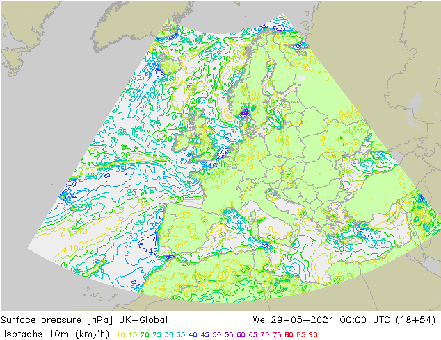 Isotachen (km/h) UK-Global Mi 29.05.2024 00 UTC