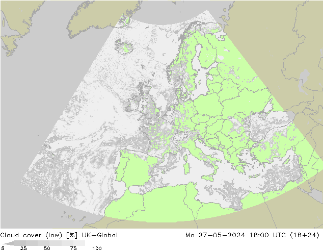 Cloud cover (low) UK-Global Mo 27.05.2024 18 UTC