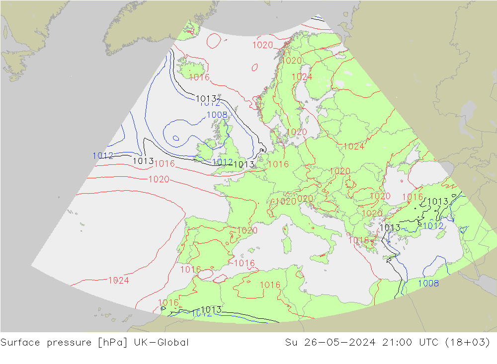 Atmosférický tlak UK-Global Ne 26.05.2024 21 UTC