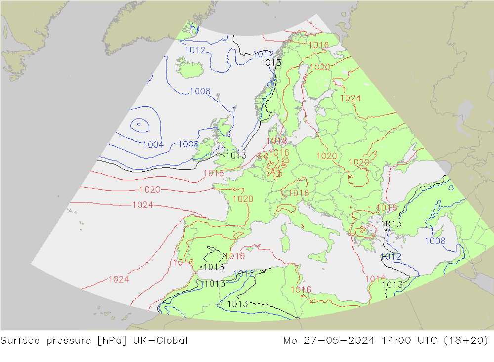 地面气压 UK-Global 星期一 27.05.2024 14 UTC