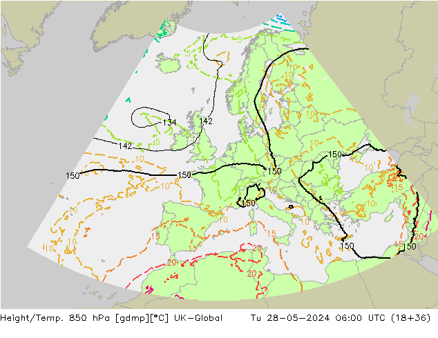Height/Temp. 850 hPa UK-Global mar 28.05.2024 06 UTC