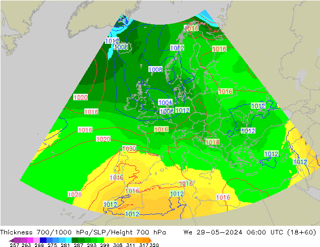 Espesor 700-1000 hPa UK-Global mié 29.05.2024 06 UTC