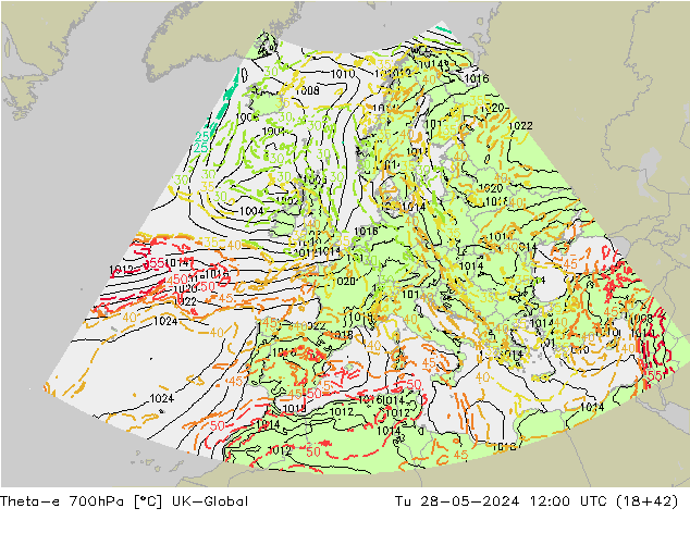 Theta-e 700hPa UK-Global mar 28.05.2024 12 UTC