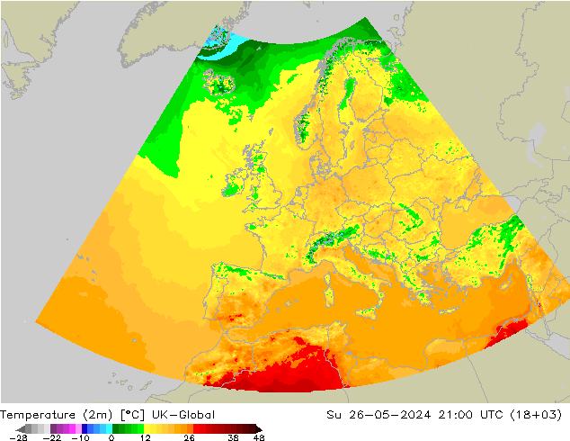 Temperatura (2m) UK-Global dom 26.05.2024 21 UTC