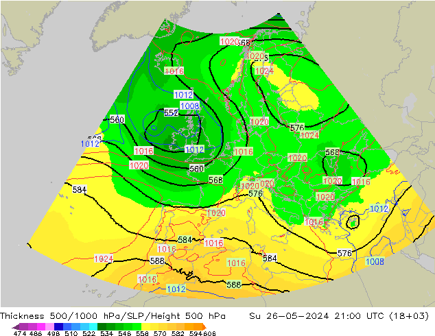 Thck 500-1000hPa UK-Global Su 26.05.2024 21 UTC