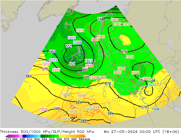 Thck 500-1000hPa UK-Global Mo 27.05.2024 00 UTC