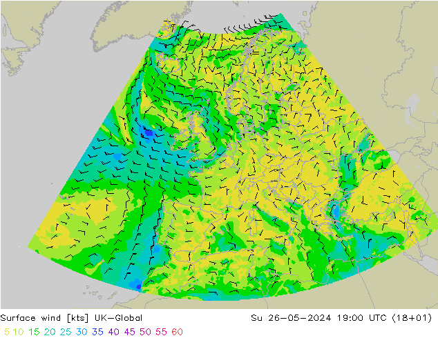 Viento 10 m UK-Global dom 26.05.2024 19 UTC