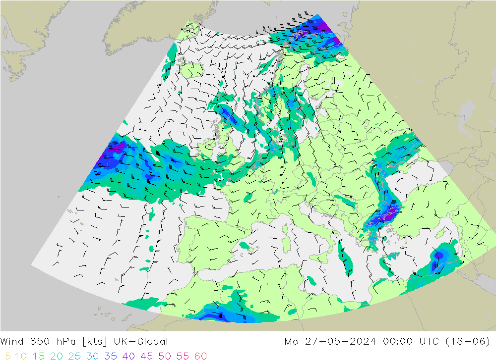 Wind 850 hPa UK-Global Po 27.05.2024 00 UTC