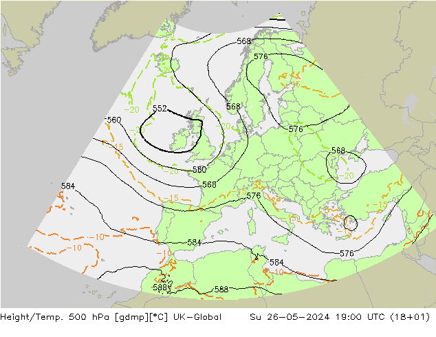 Height/Temp. 500 hPa UK-Global 星期日 26.05.2024 19 UTC