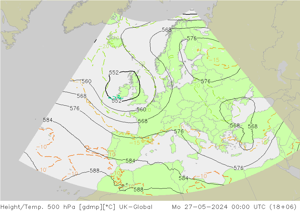 Height/Temp. 500 hPa UK-Global pon. 27.05.2024 00 UTC
