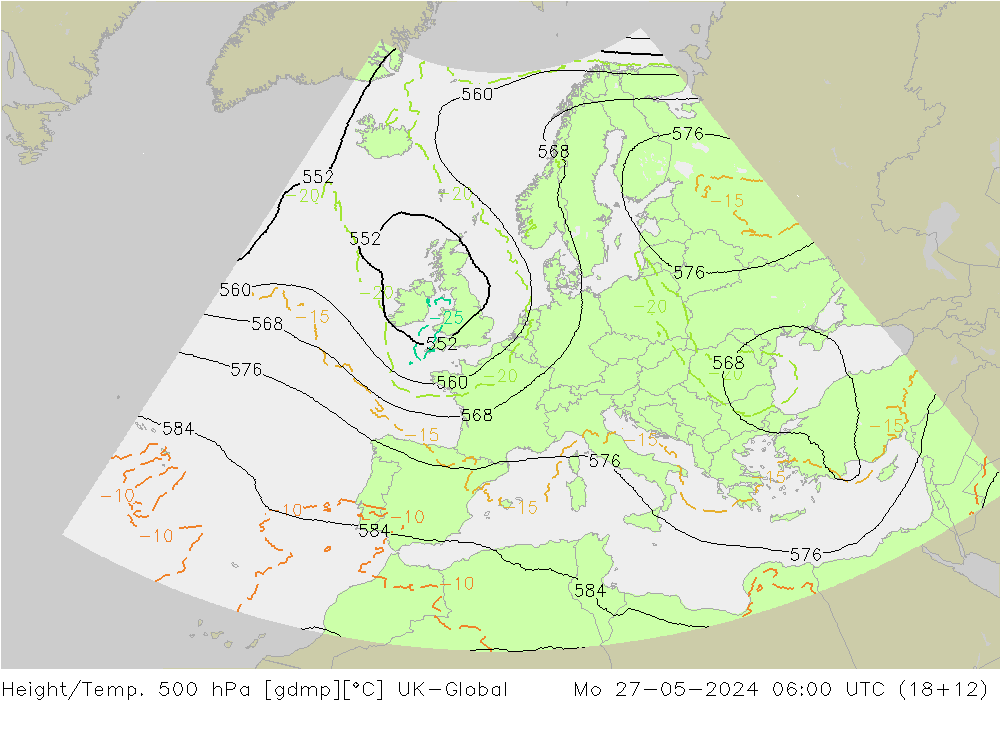 Height/Temp. 500 hPa UK-Global Mo 27.05.2024 06 UTC