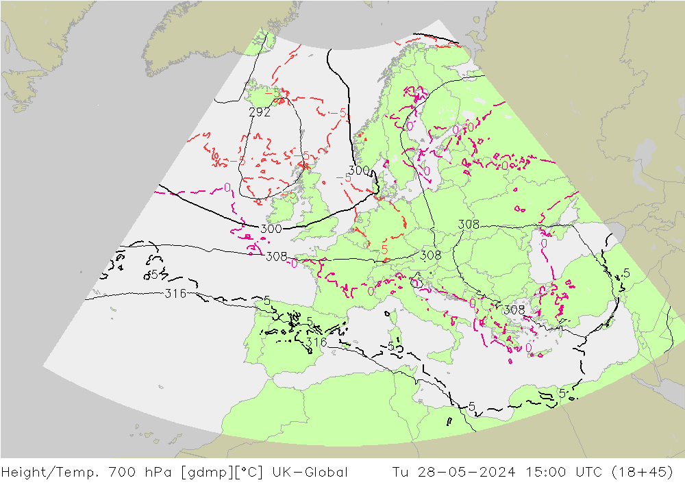 Height/Temp. 700 hPa UK-Global Út 28.05.2024 15 UTC
