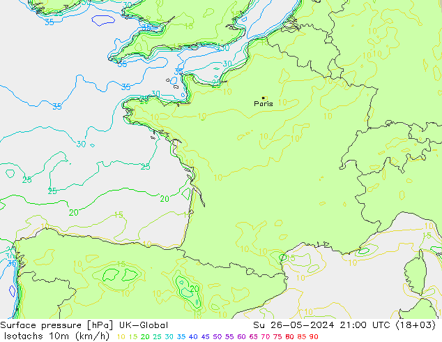 Isotachs (kph) UK-Global Su 26.05.2024 21 UTC