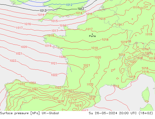 Atmosférický tlak UK-Global Ne 26.05.2024 20 UTC