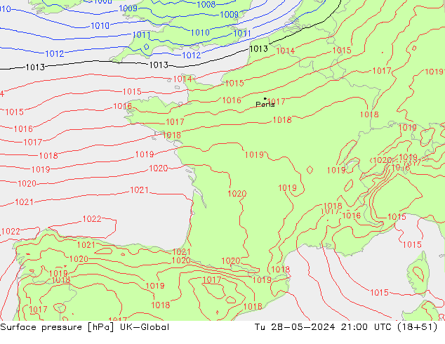 Surface pressure UK-Global Tu 28.05.2024 21 UTC