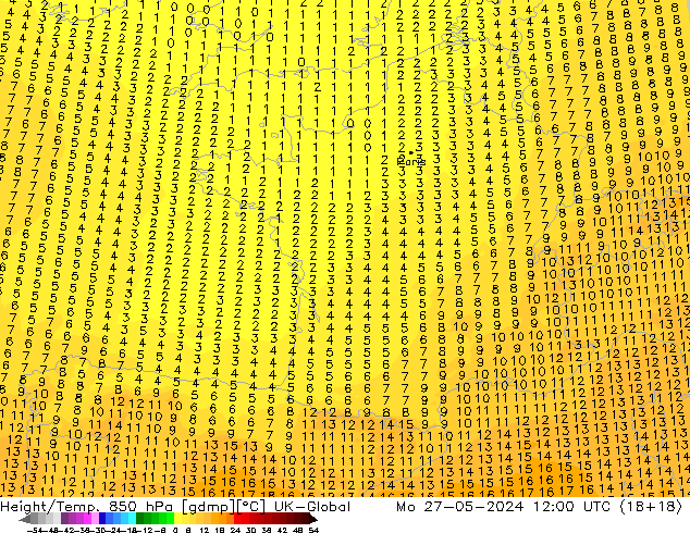 Height/Temp. 850 hPa UK-Global Mo 27.05.2024 12 UTC