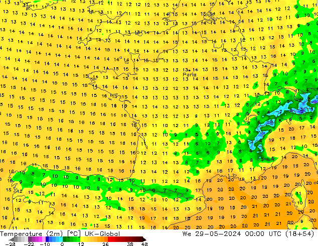 Temperature (2m) UK-Global We 29.05.2024 00 UTC