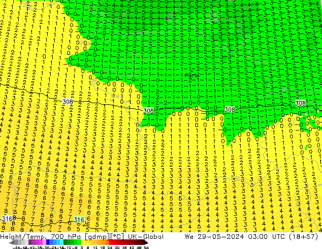 Hoogte/Temp. 700 hPa UK-Global wo 29.05.2024 03 UTC