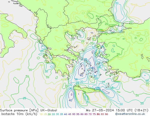 Isotachs (kph) UK-Global Mo 27.05.2024 15 UTC