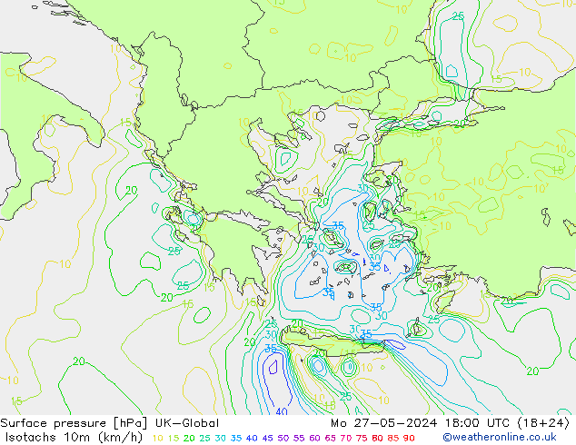 Isotachen (km/h) UK-Global ma 27.05.2024 18 UTC