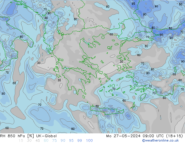 RH 850 hPa UK-Global pon. 27.05.2024 09 UTC