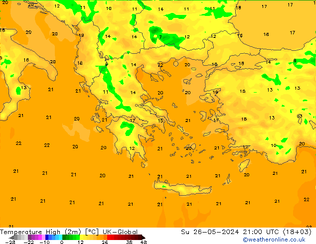 Max. Temperatura (2m) UK-Global nie. 26.05.2024 21 UTC