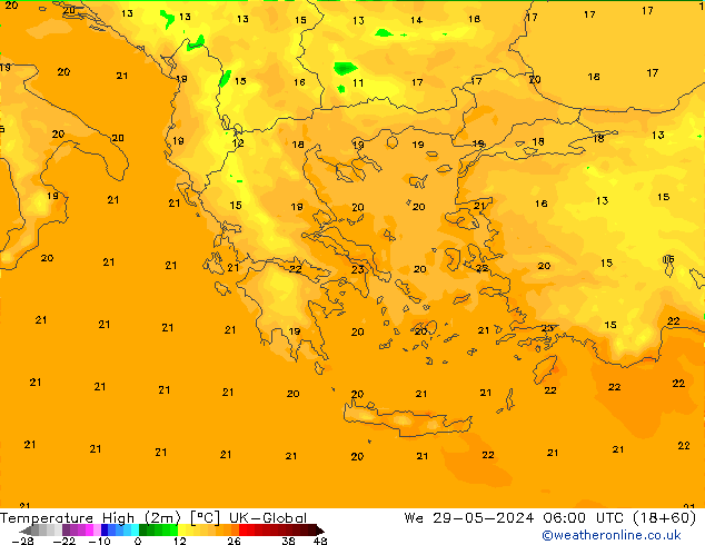 Temperatura máx. (2m) UK-Global mié 29.05.2024 06 UTC